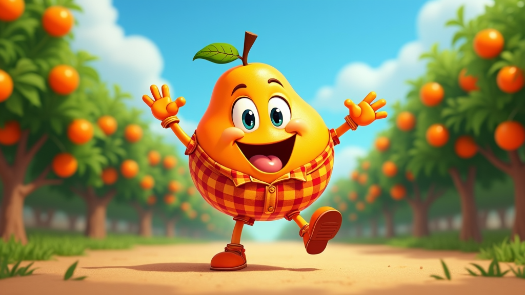 The image is a digital illustration of a cartoon character in an orange orchard. The character is a yellow pear with a big smile on its face and arms stretched out in front of it. It is wearing a red and white checkered shirt, brown shoes, and has a green leaf on its head. The background shows rows of orange trees with ripe oranges hanging from their branches. The sky is blue with white clouds. The ground is covered in green grass and there is a dirt path leading away from the character.