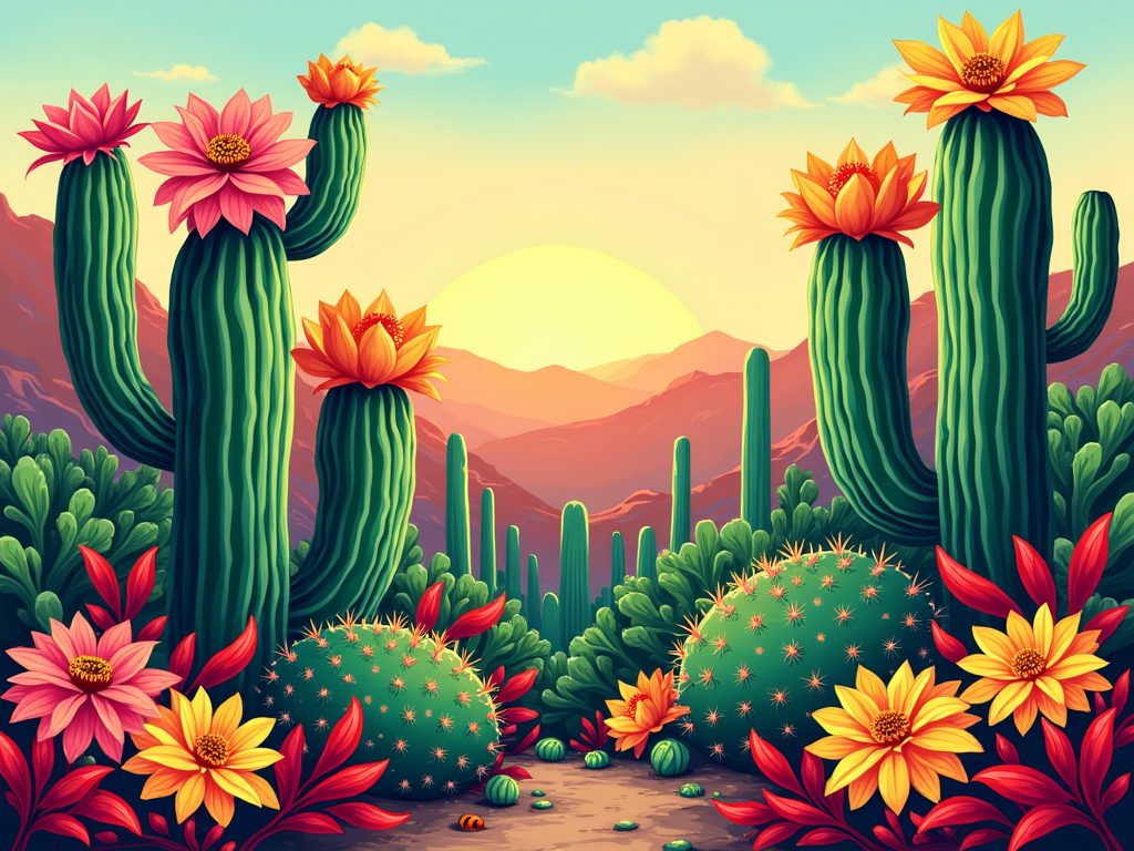 Sub-design 1: 'Cactus Fiesta' - A vibrant T-shirt design featuring various types of blooming cacti (saguaro, prickly pear) intertwined with festive chili peppers, possibly accented with subtle maracas or sombrero elements.