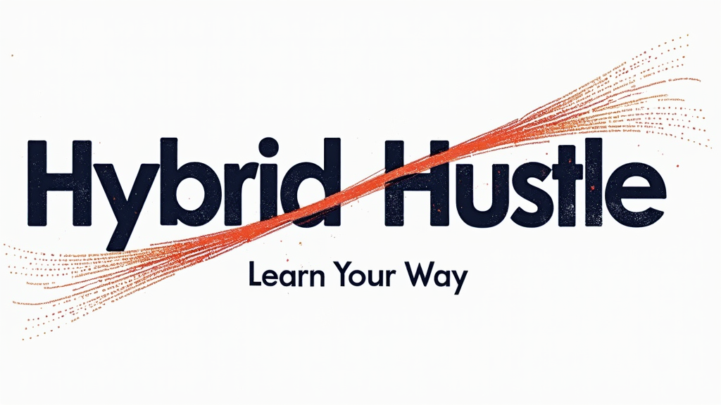 2. 'Intertwined Paths': 'Hybrid Hustle' as the main title. Two contrasting colored lines (e.g., one solid, one pixelated) intertwine and weave through the text, symbolizing different learning paths. 'Learn Your Way' is placed where the paths diverge and then meet again.