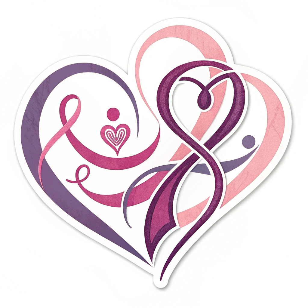 Abstract interconnected shapes in shades of purple and pink that together form a stylized heart.