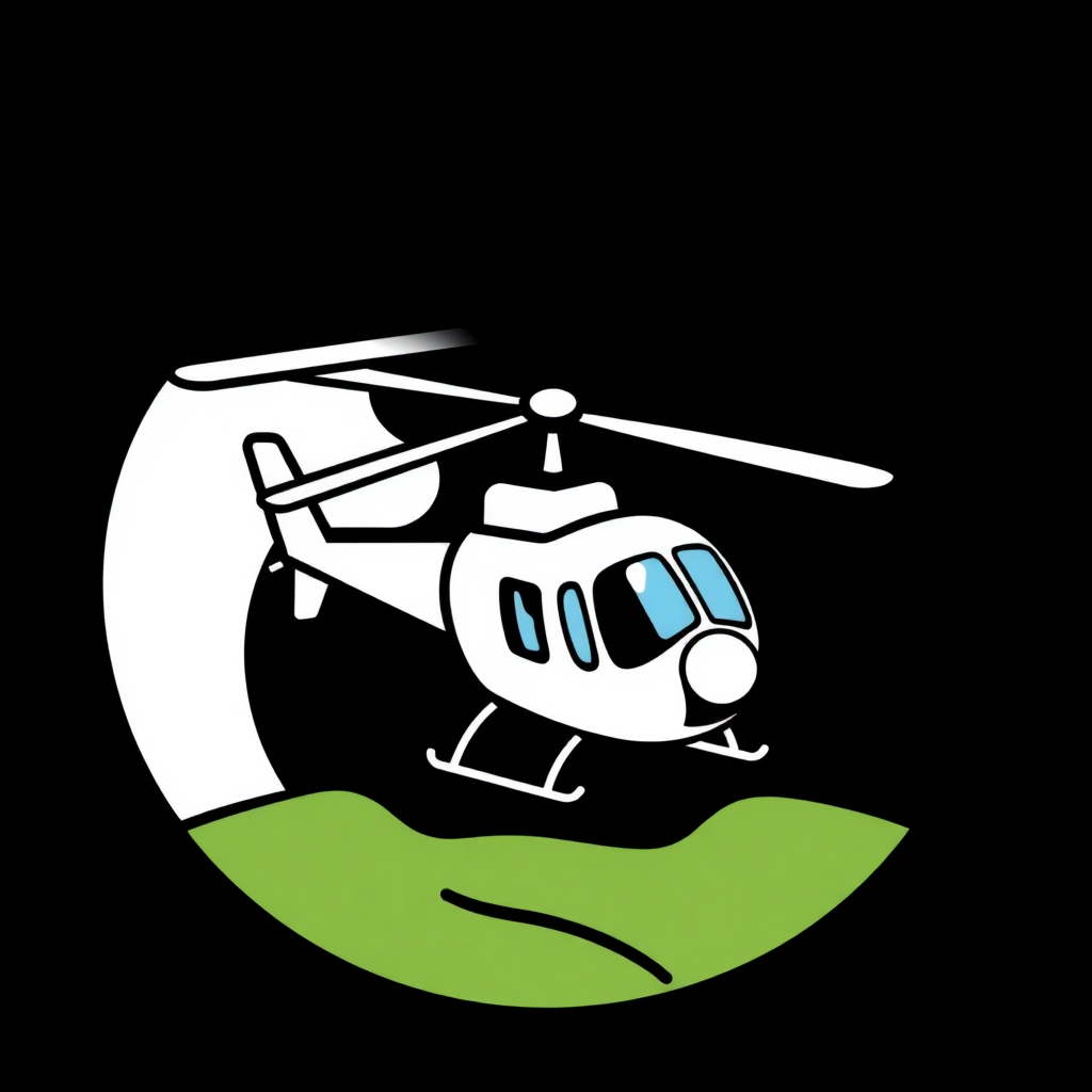 The image is a digital illustration of a helicopter flying over a green hill. The helicopter is white with blue windows and a pointed nose. It has two propellers on either side of the body and a tail rotor at the top. The hill is curved and has a small patch of grass on the bottom. The background is black. The overall design is simple and cartoon-like.