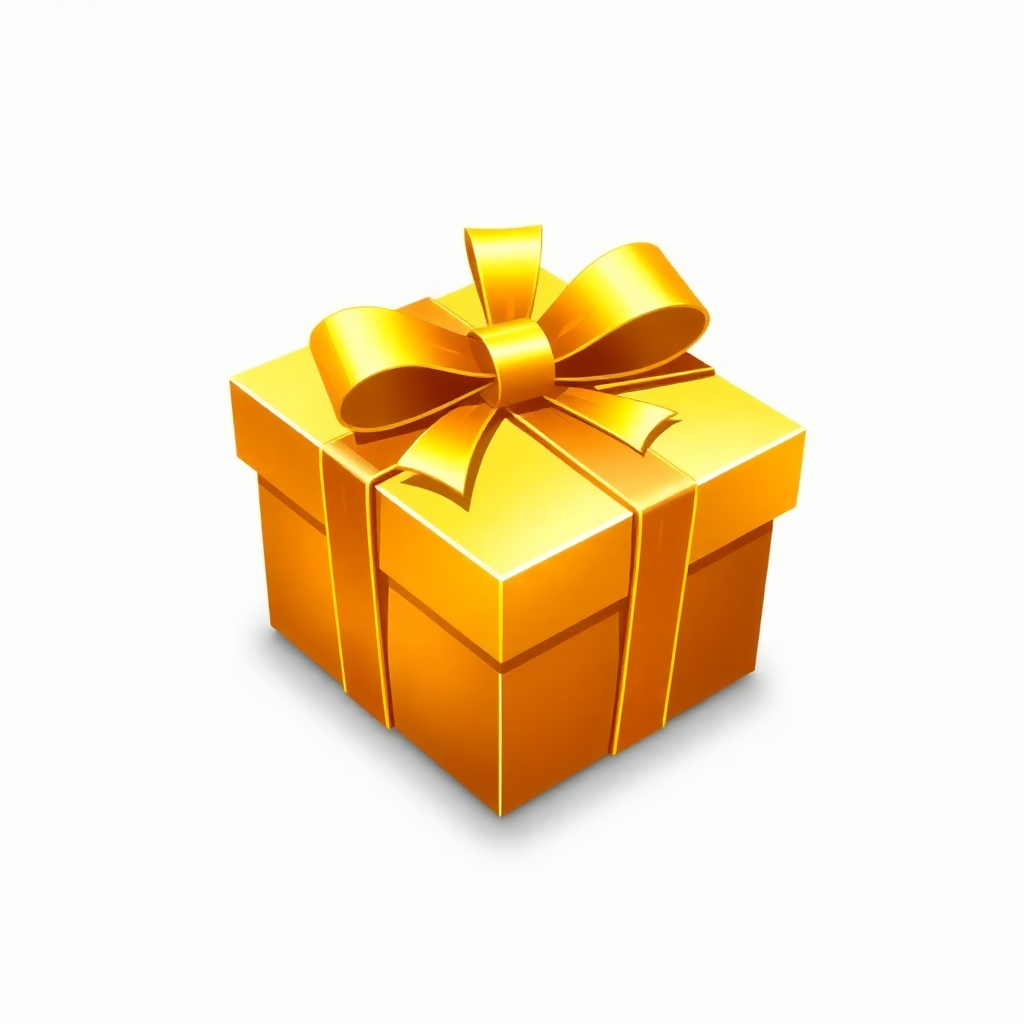 The image is a 3D rendering of a small gift box with a golden ribbon tied in a bow on top. The box is square in shape and appears to be made of a shiny, metallic material. The ribbon is tied in an elegant manner, with the bow tied in the center of the box. The background is plain white, making the gold color of the gift box stand out. The image is simple and minimalistic, with no other elements or decorations.