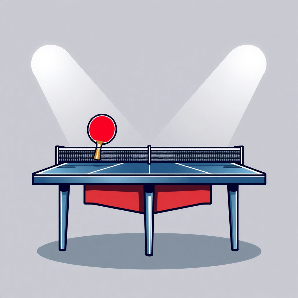 The image is an illustration of a ping pong table. The table is rectangular in shape and has a blue top with a red net in the center. On top of the net, there is a red ping-pong paddle with a yellow handle. The paddle is positioned in the middle of the table, ready to hit the ball. The background is a light grey color with two white rays of light shining down on the table.