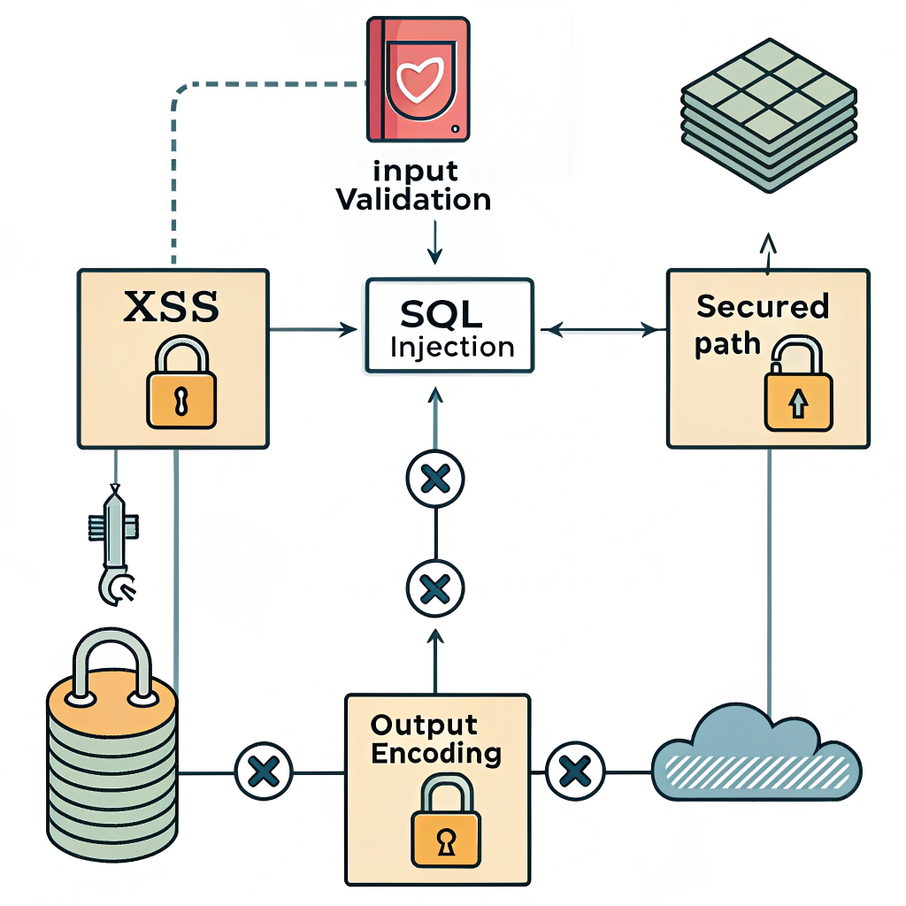 Attack Vector Interception Diagrams: Create a design system for diagrams that map common attack vectors (like XSS, SQL Injection) to specific input validation and output encoding countermeasures. Each diagram would clearly show the 'vulnerable path' and the 'secured path' with the pattern applied, using consistent iconography for threats and defenses.
