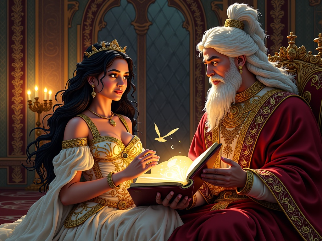 Scheherazade captivating King Shahryar with her storytelling, magical elements from her tales subtly visualizing around them in a dimly lit, opulent royal chamber.
