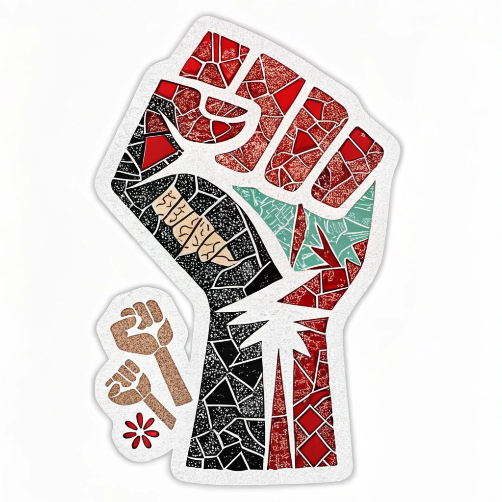 Fragmented solidarity symbol: A recognizable symbol of unity or workers' rights (e.g., a stylized raised fist, a gear, or the date 'May 1st') constructed from numerous small, abstract elements or mosaic pieces, representing the collective strength built from many individual contributions.