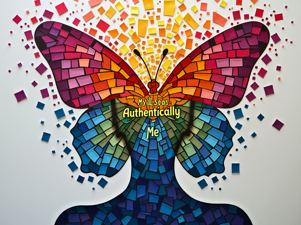 Fragmented & Whole: Utilizes a mosaic or stained-glass aesthetic where different colored and shaped pieces (potentially inspired by colors from gender identity flags) come together to form a larger, cohesive and meaningful image (such as a human silhouette, a butterfly, or a tree). The text 'My Identity, My Story' could be embedded within the fragments, and 'Authentically Me' highlighted as the unified result.