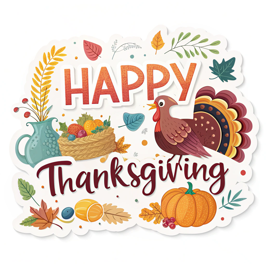 The image shows a poster with a white background featuring a happy Thanksgiving sticker with a turkey, a basket of fruits, a jug, and leaves.