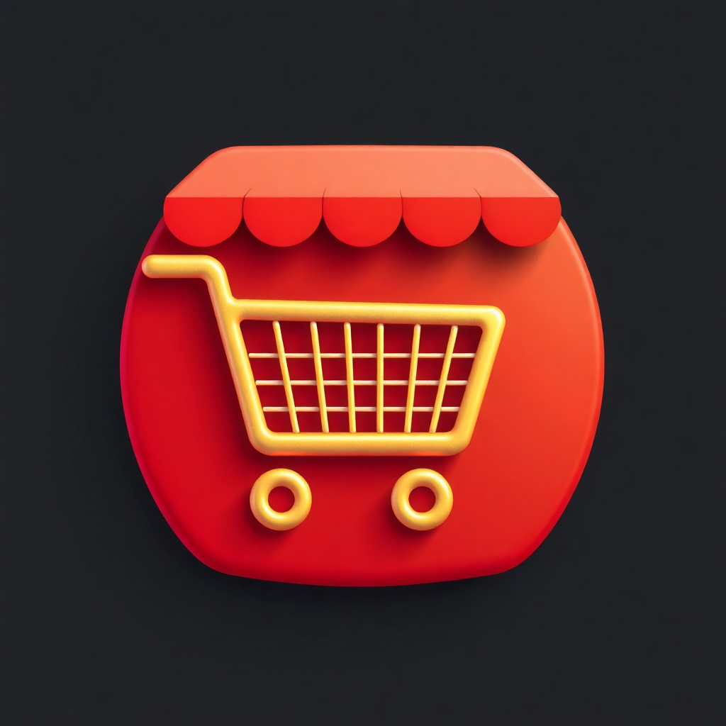 The image is a 3D rendering of a red circle with a yellow shopping cart icon in the center. The shopping cart has a red awning on top and two gold buttons on either side. The background is black, making the red circle and the yellow cart stand out. The image appears to be a logo or icon for a website or app.