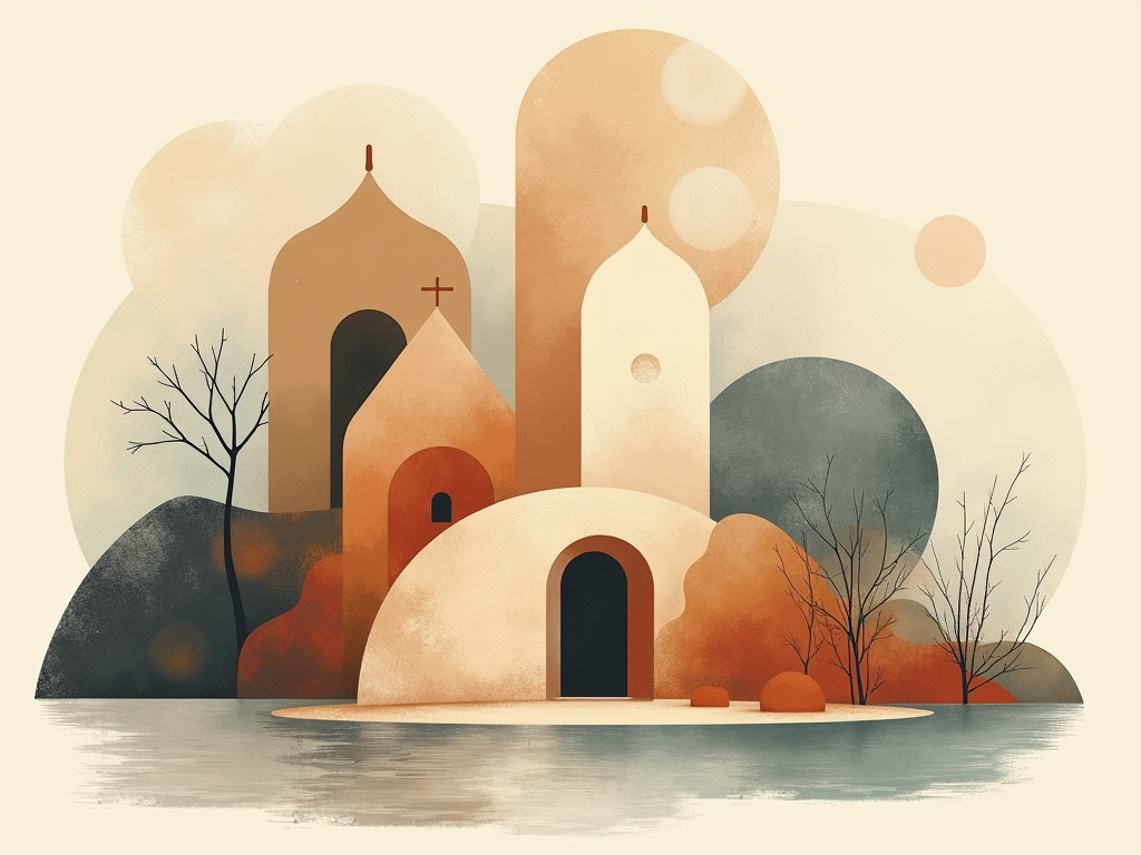 A harmonious composition featuring abstract geometric or organic shapes inspired by the Temple's unique architecture and the concept of serenity. Uses a calm, earthy color palette with subtle textures, potentially incorporating the [Year/Theme] element within the pattern itself.