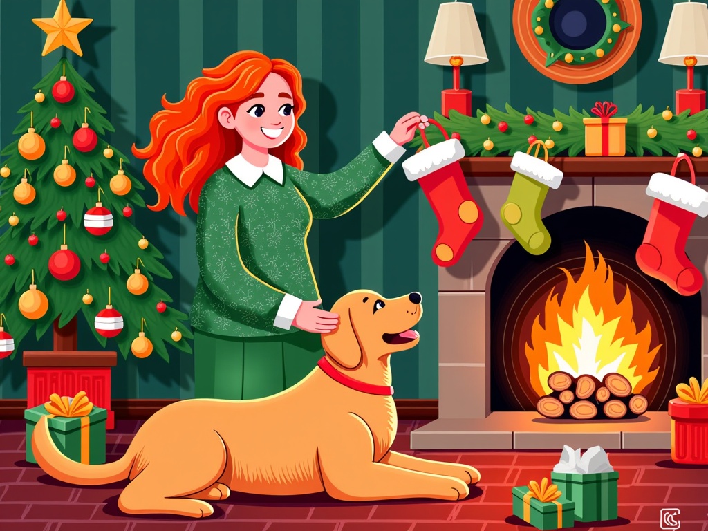  a young woman with long red hair, wearing a green sweater, standing in front of a fireplace with a Christmas tree on the left side. She is holding a red stocking in her hand and is petting a golden retriever dog lying on the floor next to her. There are several gift boxes scattered around the fireplace and a wreath hanging on the wall above the mantel. The fireplace is decorated with red and green stockings hanging from the mantle. The overall mood of the image is festive and cozy.