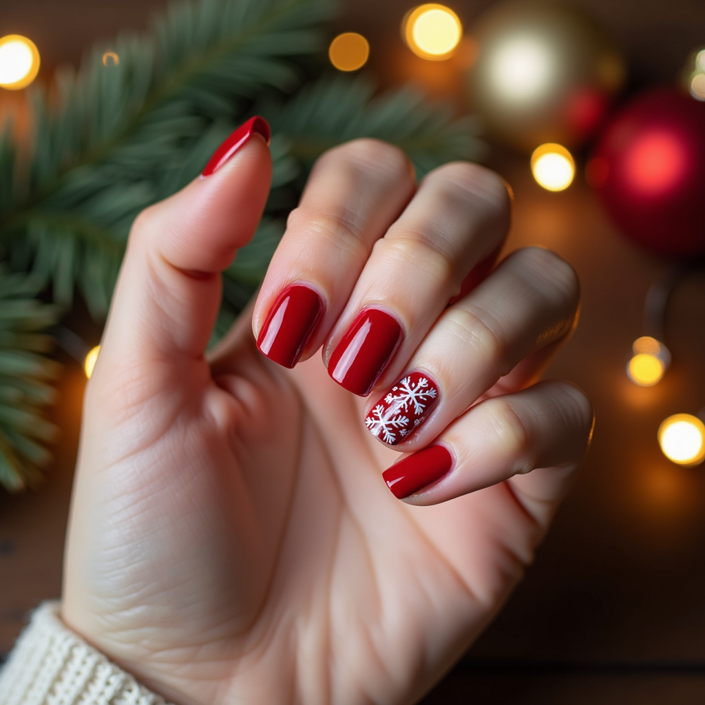  a close-up of a person's hand with their fingers slightly spread apart. The nails are painted with a red polish and have a white snowflake design on each ring finger. The background is blurred, but it appears to be a wooden table with a Christmas tree and some red and gold ornaments. The overall mood of the image is festive and cozy.