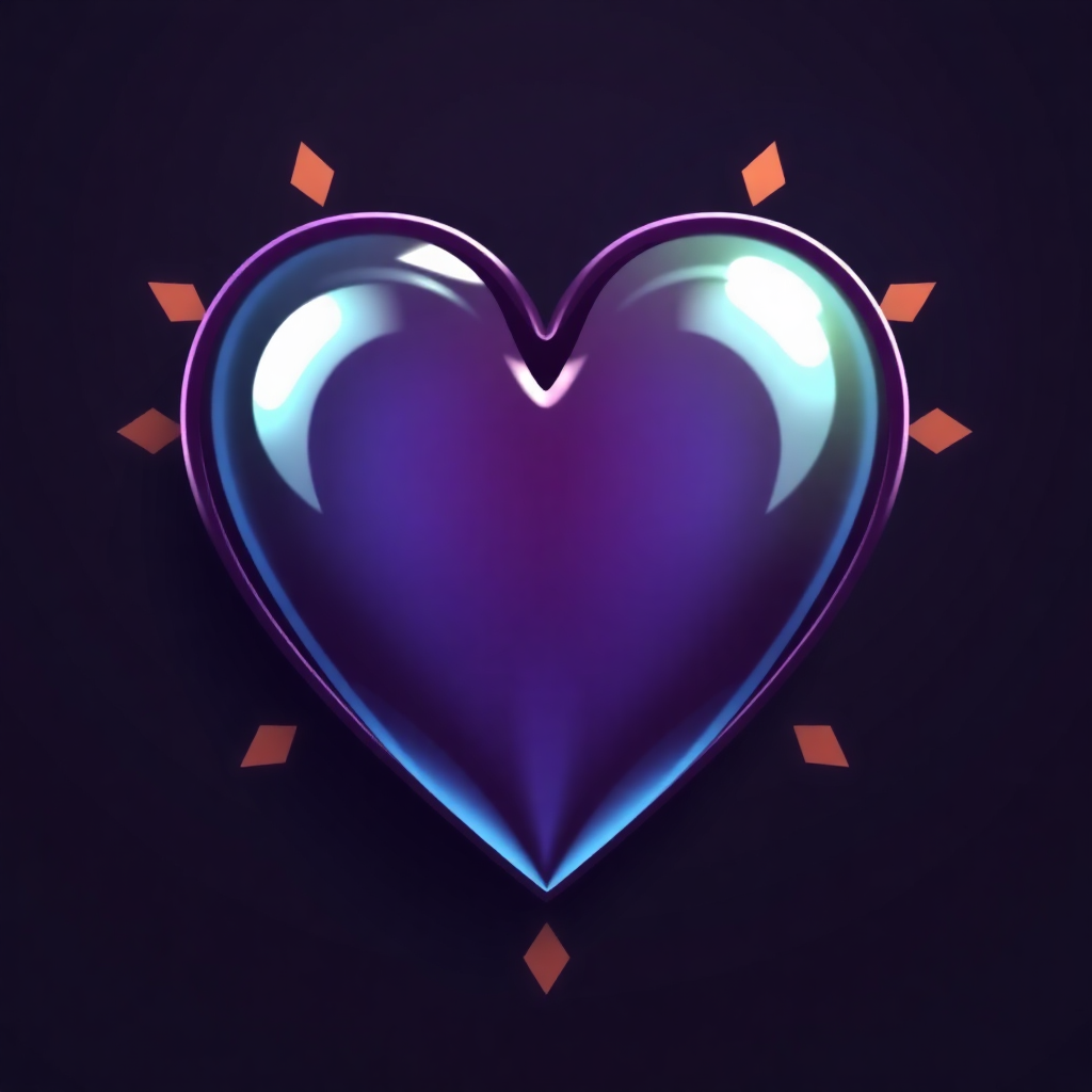 The image shows a purple heart on a black background with orange and blue accents. The heart is in the center of the image and is surrounded by a vibrant purple hue.