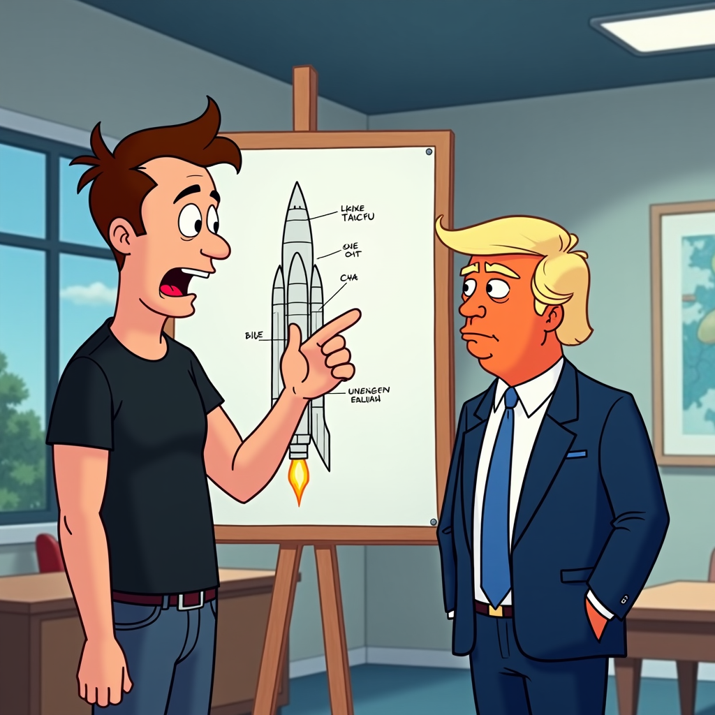 A whimsical cartoon of Elon Musk explaining a rocket diagram on a whiteboard to Donald Trump, who is nodding thoughtfully, wearing a blue suit.