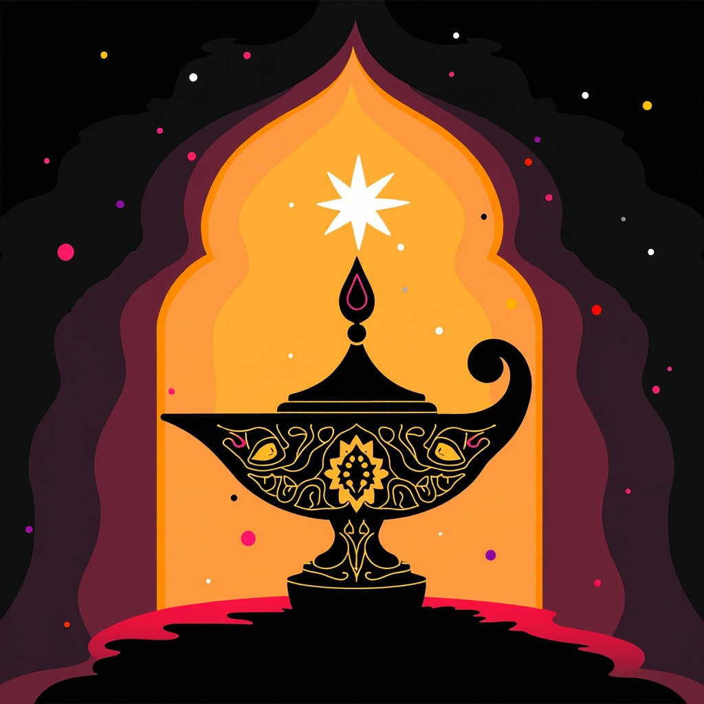 Simple Icon Idea: A silhouette of an ornate Arabian oil lamp with a single, prominent star replacing or forming part of the flame, representing enlightenment, hope, and a single captivating story.