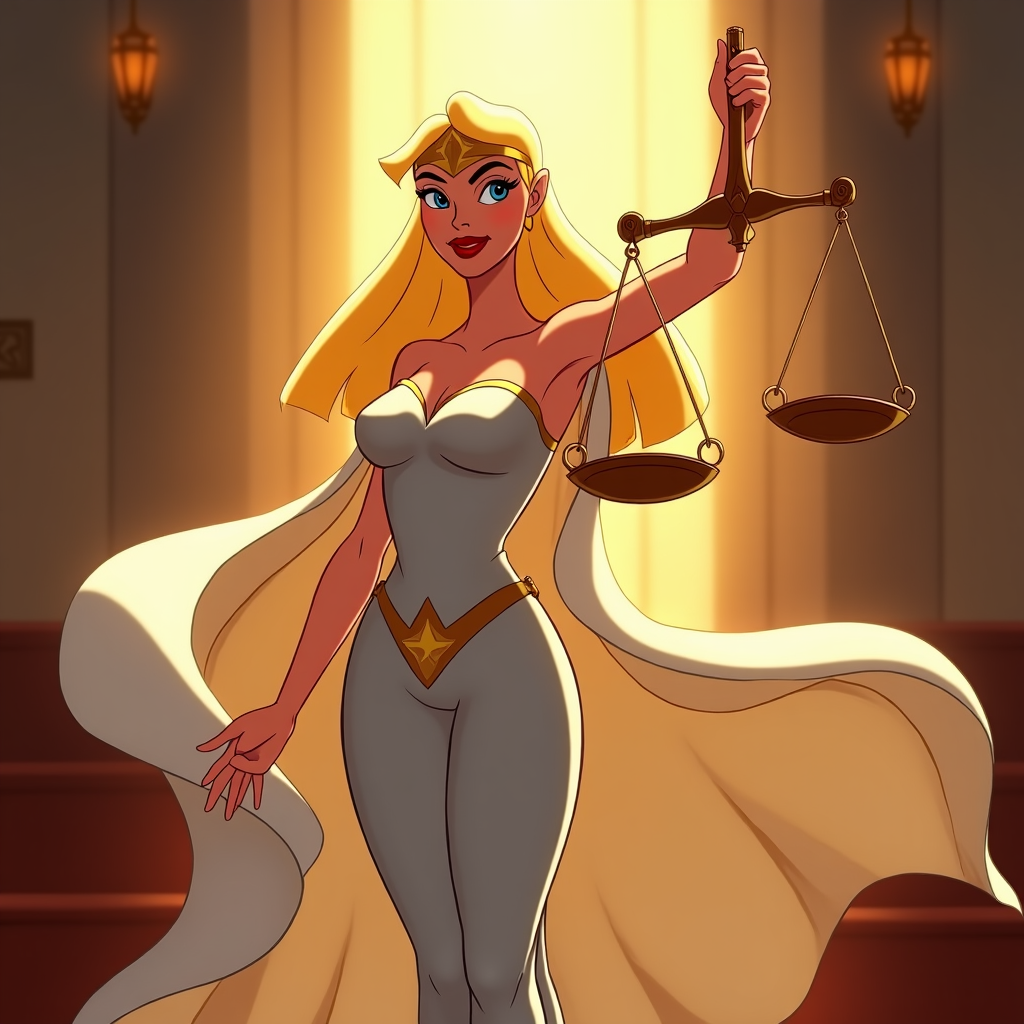 This cartoon shows Lady Justice in a superhero stance, with her scales prominently displayed, emitting a golden glow as a symbol of unbiased judgment. Her blindfold's fabric flows dramatically, enhancing her majestic demeanor.