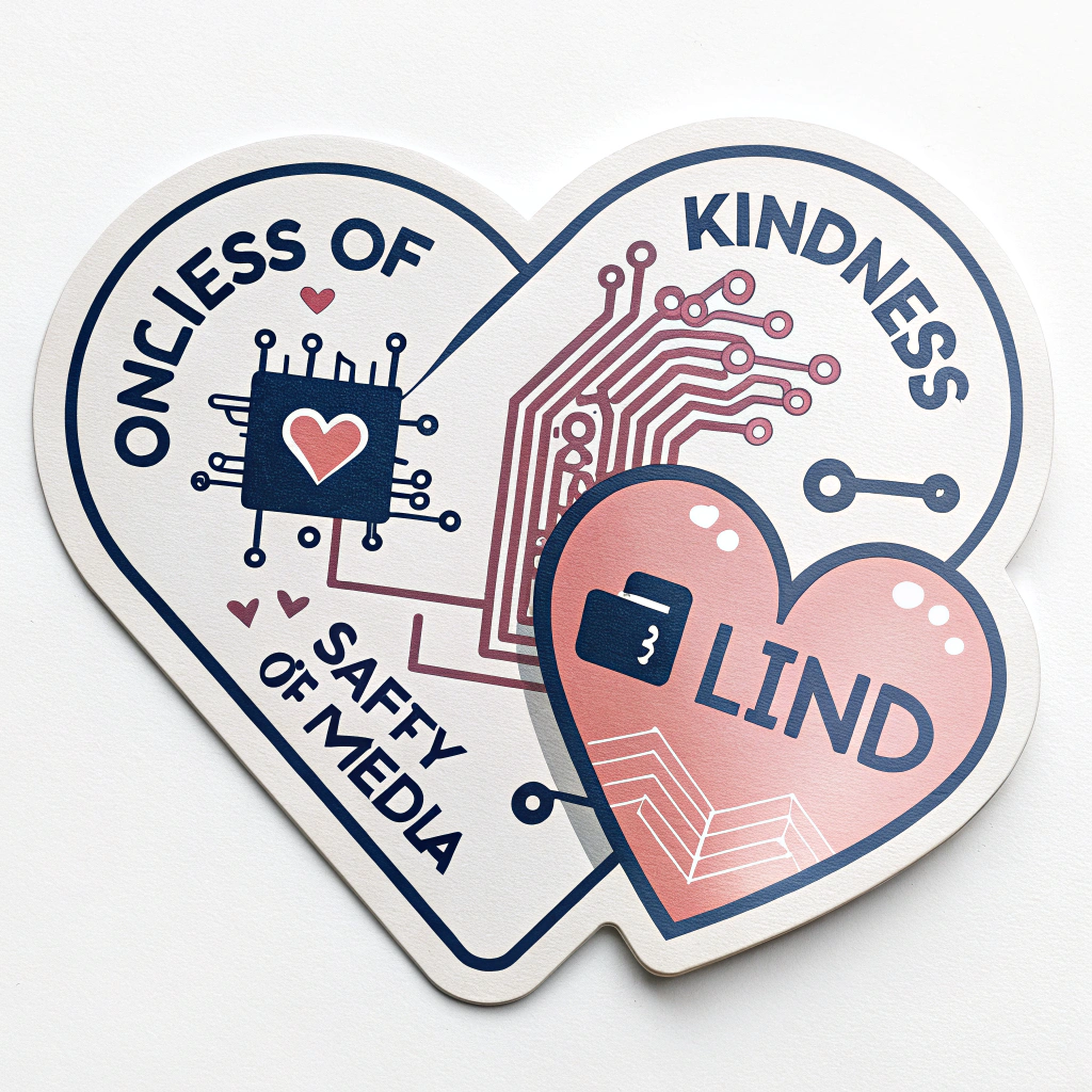 Stickers showcasing a digital-themed heart, perhaps pixelated or with subtle circuit-like patterns, to emphasize the 'online' aspect of kindness and safety in social media environments.