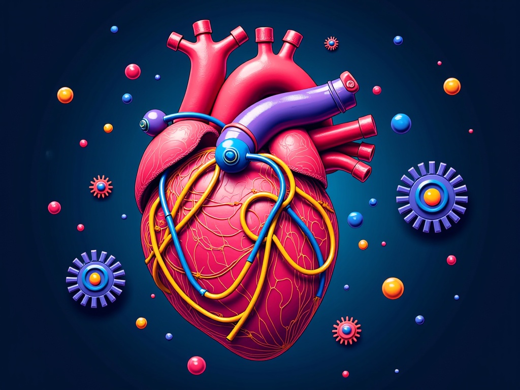 Abstract Anatomical Hybrids: Surreal close-ups of bio-mechanical organs or systems. Example: A heart constructed from intertwined organic muscle, glowing tubes, and polished metal cogs, or a brain where neural pathways are depicted as fiber-optic cables integrated with organic brain tissue.