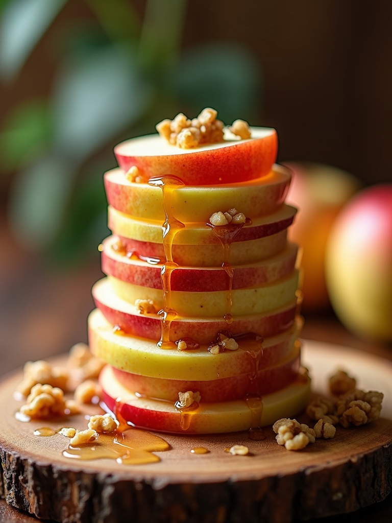 Apple slices stacked high, with layers of honey and walnuts in between. The presentation is a visually appealing vertical display, perfect for adding a dramatic touch.