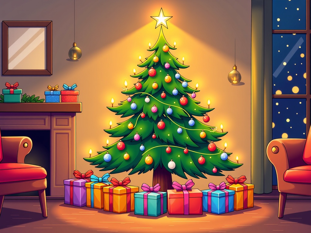 The image shows a living room with a Christmas tree decorated with colorful ornaments, lights, and a star on top. There are gift boxes scattered around the tree, two chairs on either side, a fireplace with gift boxes and a mirror on the wall, and lights hanging from the ceiling. On the right side of the image, there is a window with a curtain.