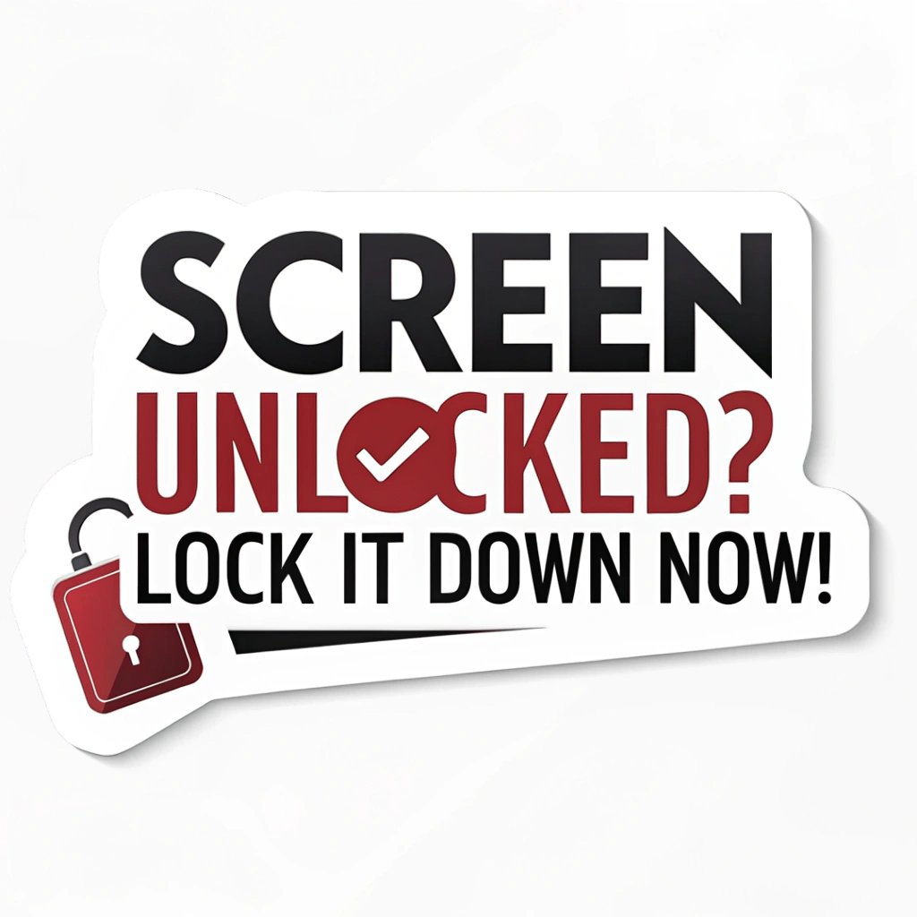 Sub-Design Idea 4: A minimalist, text-focused sticker with a bold, clear font stating 'SCREEN UNLOCKED?' followed by a smaller, urgent 'Lock It Down NOW!' below it, possibly using contrasting colors for emphasis.