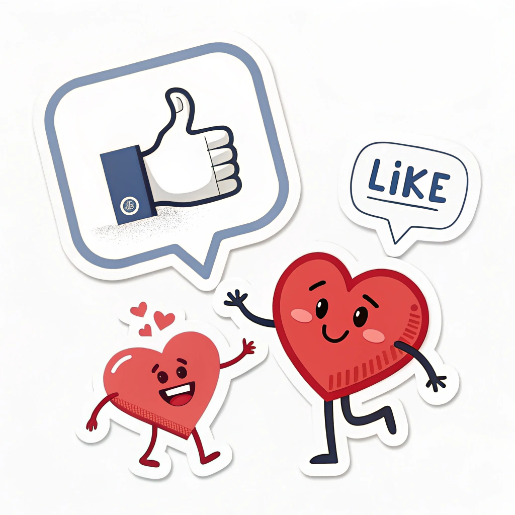 Stickers with a stylized 'like' button (thumb up) or a comment bubble transformed into a heart shape, or a heart character giving a virtual hug, promoting positive and safe engagement on social platforms.