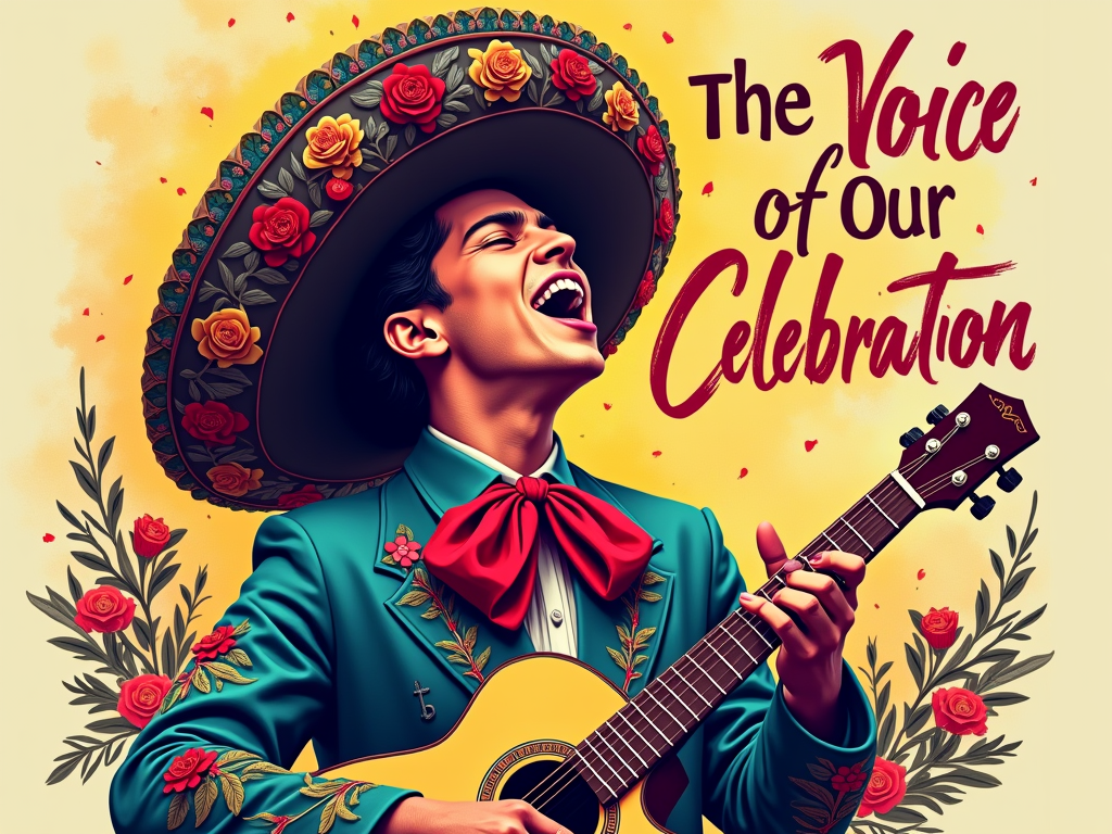 Singing Mariachi Portrait: An artistic, expressive portrait of a mariachi singer mid-song, with subtle sound waves or floral patterns emanating from them. Text: 'The Voice of Our Celebration'.