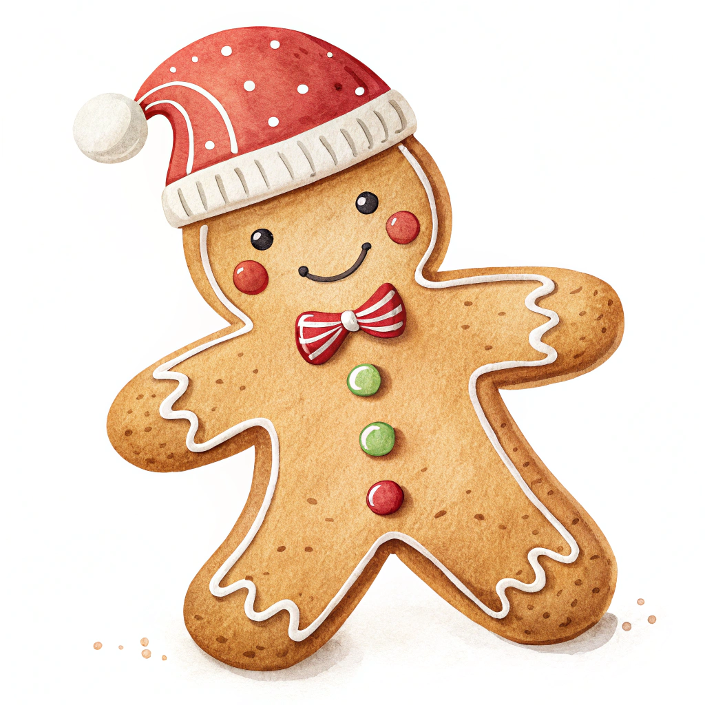 The image shows a watercolor painting of a gingerbread man wearing a Santa hat and bow tie. The gingerbread is brown in color and the background is white.