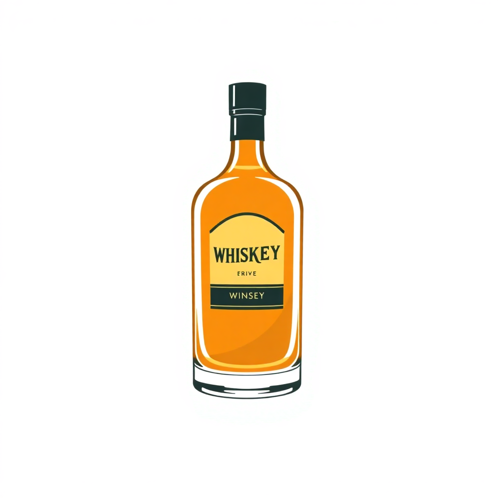 The image is a digital illustration of a bottle of whiskey. The bottle is made of glass and has a black cap. The label on the bottle is orange in color and has the word WHISKEY written in bold black letters. Below the word, there is a smaller text that reads WINEY. The bottle appears to be empty and is standing upright on a white background.