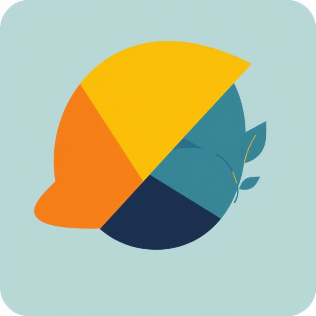 Geometric abstraction: A circle representing the top of the hard hat intersecting with a triangle representing the brim, with a small leaf shape adjacent.