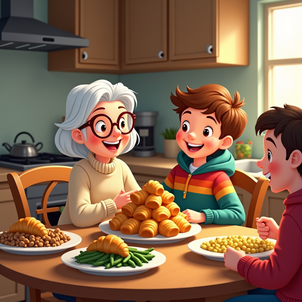 In a lively cartoon kitchen, a round table is filled with dishes like stuffing, green bean casserole, and a pyramid of crescent rolls. A jubilant family, from a white-haired grandmother in glasses to a teen in a hoodie, is busy passing plates and exchanging smiles, embodying the joy of a Thanksgiving gathering.