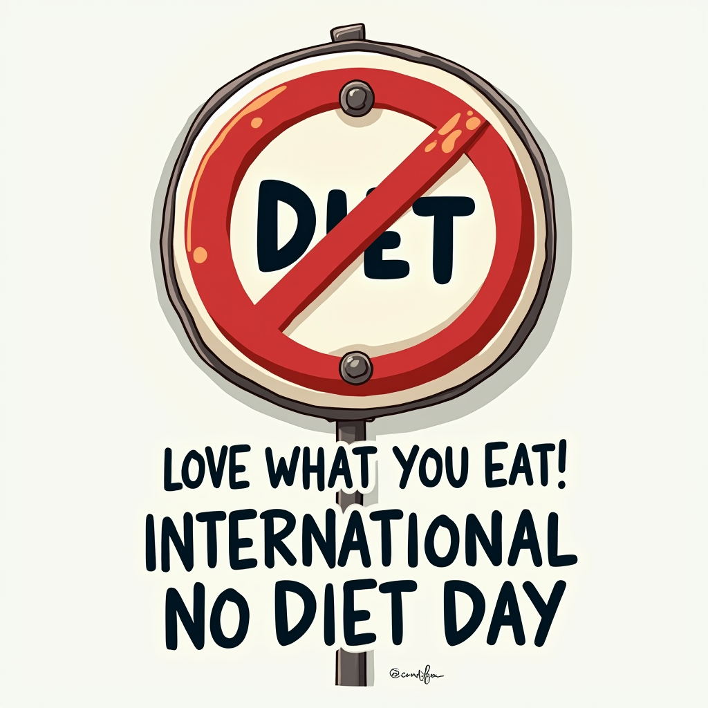 No Diet Road Sign Spoof: Design mimicking a prohibitive road sign (red circle with a line through it) but instead of a 'No U-Turn' symbol, it has the word 'DIET' crossed out. Below it, celebratory text 'Love What You Eat! International No Diet Day'.
