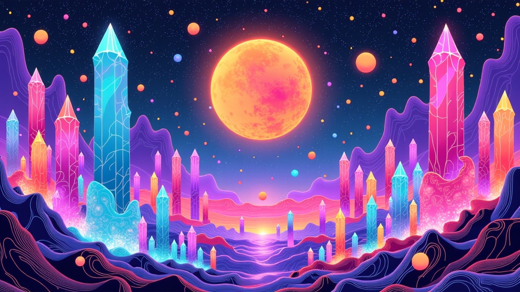 A series depicting AI's interpretation of 'consciousness' in non-humanoid forms – perhaps as vast, interconnected energy networks, crystalline lifeforms, or sentient landscapes within future or alien worlds.