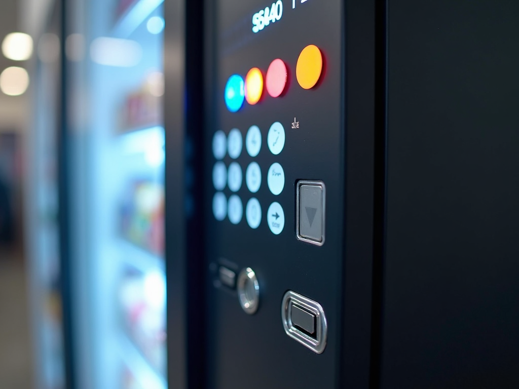 A close-up of a vending machine's keypad and payment system, highlighting the modern contactless payment slot and traditional coin return tray.