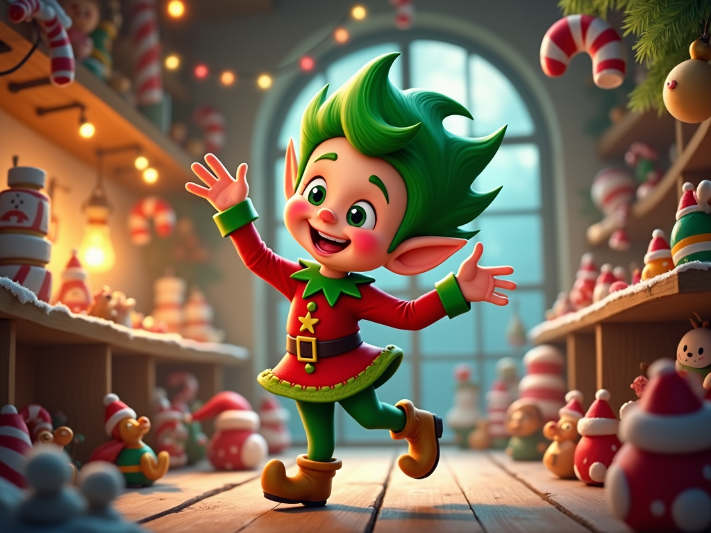 The image is a 3D rendering of a cartoon elf in a room decorated for Christmas. The elf has green hair and is wearing a red and green outfit with a yellow belt and boots. He has a big smile on his face and his arms are stretched out in front of him, as if he is dancing or waving. The room is filled with shelves and shelves filled with various Christmas-themed items such as candy canes, snowmen, and Santa Claus figurines. There is a Christmas tree on the right side of the image and a window in the background. The overall atmosphere of the room is festive and cheerful.