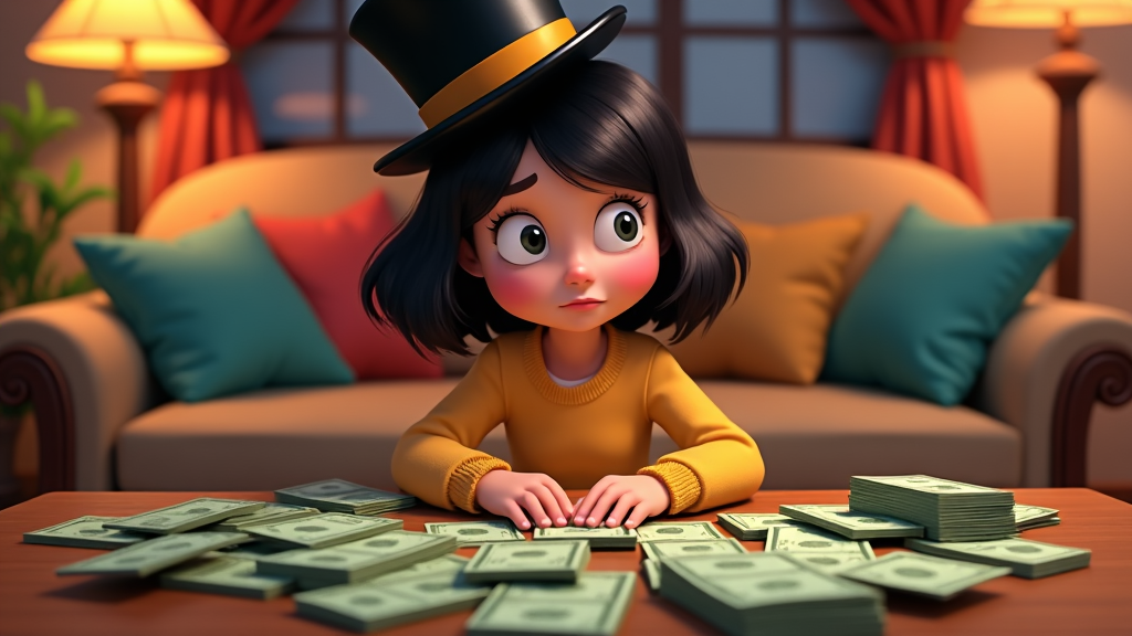 Inside a cozy den, a girl with a Mr. Monopoly hat perched on her head, arranges Monopoly bill stacks on a coffee table. Her bob haircut peeks under the hat's brim while she attentively plans her next moves, enveloped in a world of strategy and finance within her imaginative playtime.