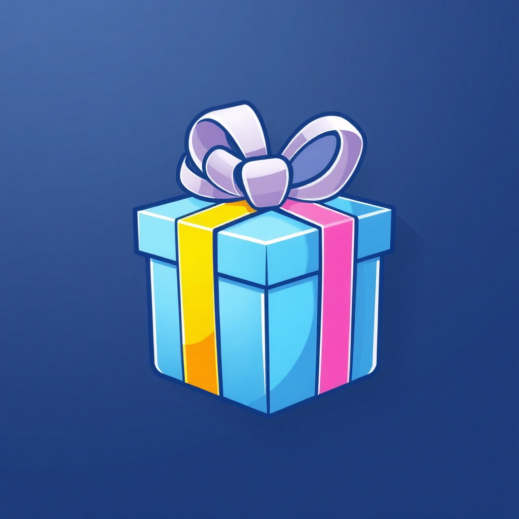 The image is a digital illustration of a gift box. The box is rectangular in shape and has a blue background. It is tied with a white ribbon that is tied in a bow at the top. The ribbon is in different colors - blue, yellow, pink, and orange. The colors are arranged in a diagonal line, with the blue on the left side and the yellow and pink on the right side. The bow is symmetrical and appears to be made of a shiny material. The overall design is simple and minimalistic.