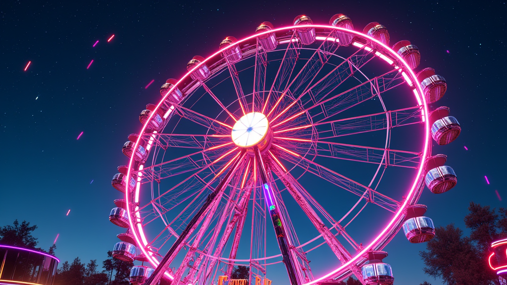 Chrome Carnival Ferris Wheel: A highly stylized EDC ferris wheel, rendered in gleaming chrome with bright neon light accents tracing its structure. The iconic daisy forms the central hub of the wheel. The background is a dark, starry sky with streaks of neon light. 'Retro Future Rave' text in a sleek, futuristic font with a neon glow.