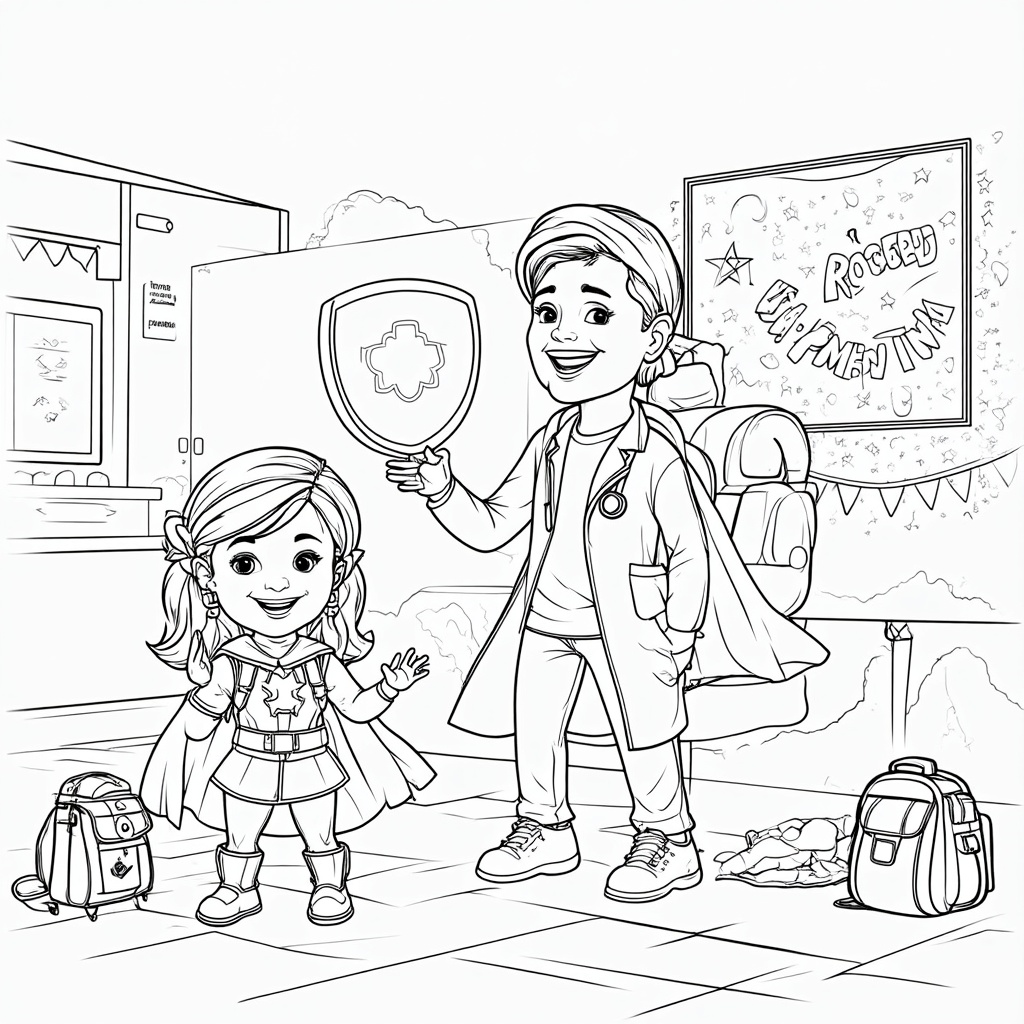 Page 1: 'The Shield of Adventure'. A child superhero is beaming while a friendly doctor or nurse in a fun, decorated clinic gives them a vaccine, depicted as a glowing shield. Adventure gear (map, compass, backpack) is visible nearby, implying readiness.
