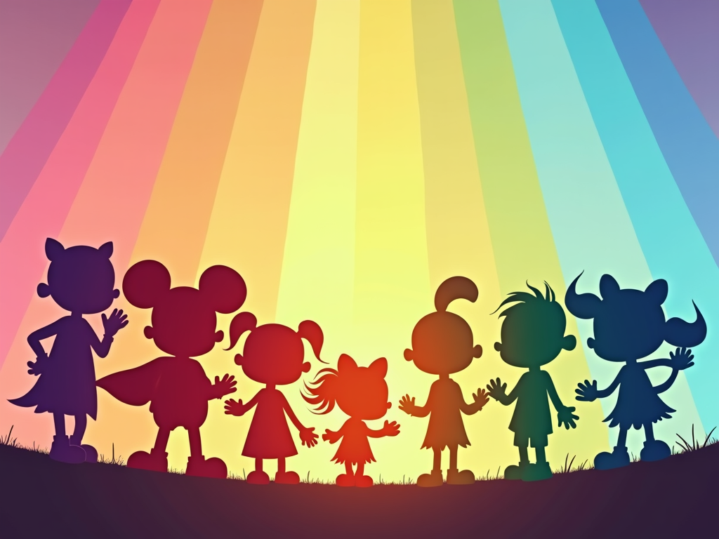 A layered design where the rainbow acts as a backdrop, with silhouettes of the 'Hue Heroes' in the foreground. The overall style should be whimsical and appealing to a young audience.