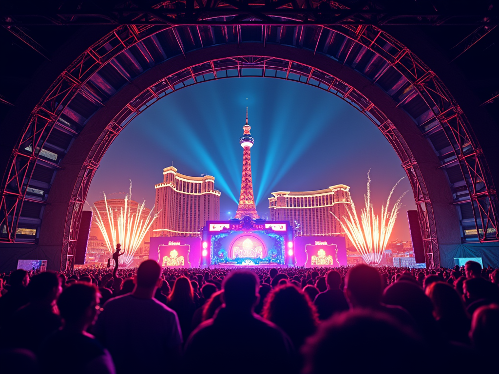 Stage-Framed Skyline View: The design is framed as if looking from an EDC stage (e.g., through a truss archway or LED screen frame) out towards the Las Vegas skyline in the distance. Festival lights and pyrotechnic silhouettes in the foreground illuminate the night scene.
