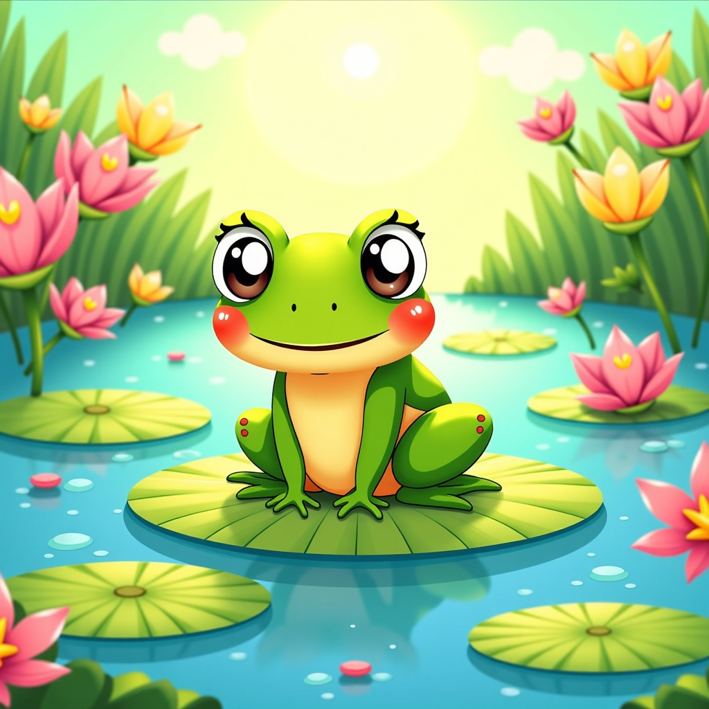 The image is a digital illustration of a green frog sitting on a lily pad in a pond. The frog has big, round eyes and a big smile on its face. It is sitting on the edge of the lily pads, which are floating on the water. The pond is surrounded by pink and yellow lotus flowers and green leaves. The background is a light blue sky with white clouds. The overall mood of the image is cheerful and peaceful.