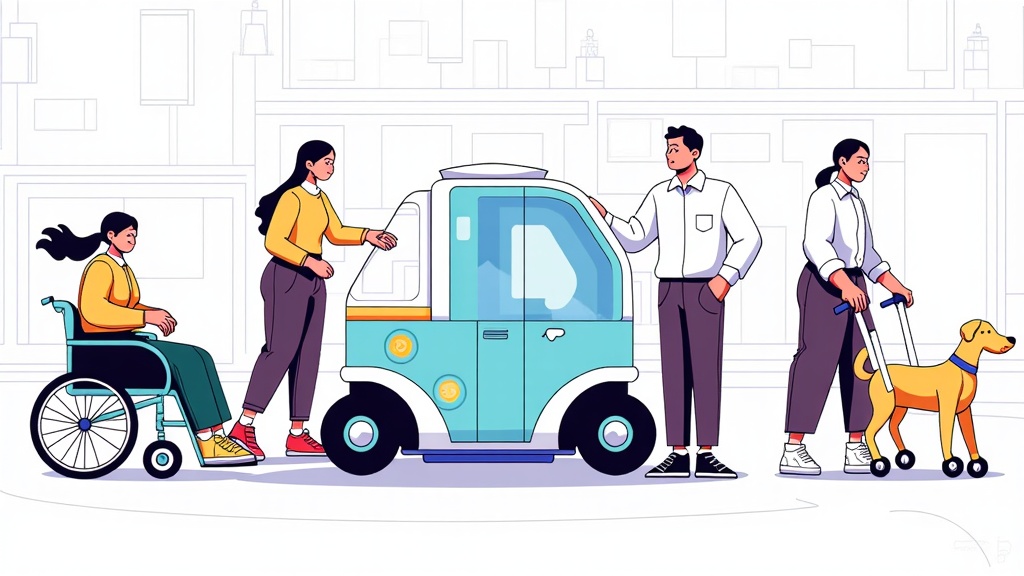 Illustration showcasing a diverse group of users (e.g., wheelchair user with an automated ramp, a senior citizen with a walker, a parent with a stroller, a visually impaired person with a service animal) seamlessly boarding and interacting with a robotaxi designed with clear accessibility features.