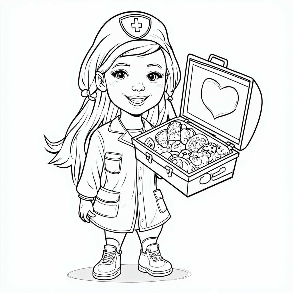 Illustration of a child dressed as a nurse holding an open first aid kit, with items like faux syringes (blunt toy type), cotton balls, and colorful bandages clearly visible for coloring.