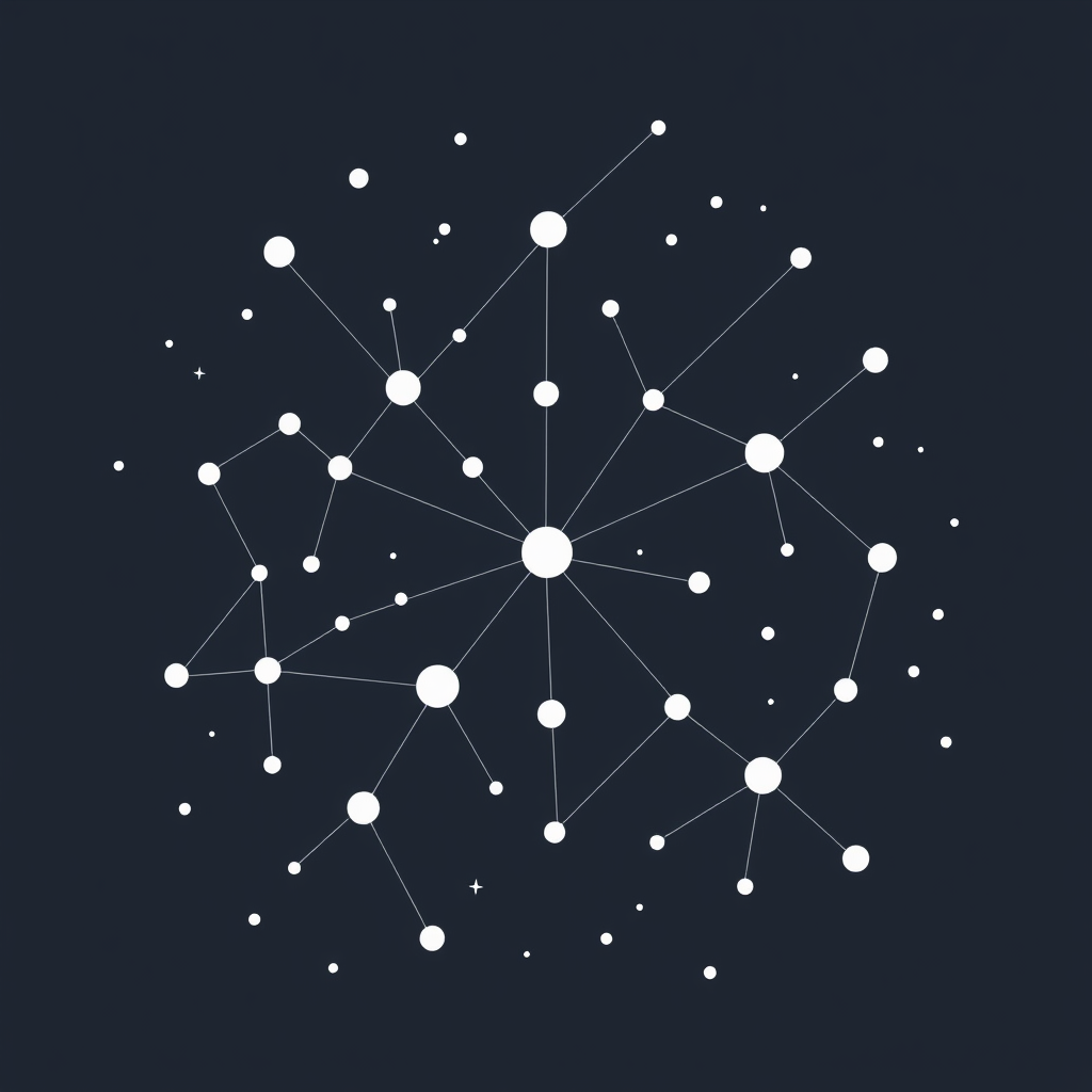 Concept 3: 'Collaborative Constellation' - Nodes of varying sizes scattered like stars in a constellation, connected by light, elegant lines. The pattern should feel organic and inspiring, suggesting brilliant ideas connecting to form something greater.