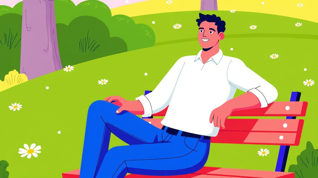 The image is an illustration of a young man sitting on a red bench in a park. He is wearing a white shirt and blue jeans and has a big smile on his face. The bench is surrounded by green grass and trees with white daisies scattered around. The sky is blue and there are a few clouds in the background. The overall mood of the image is cheerful and relaxed.