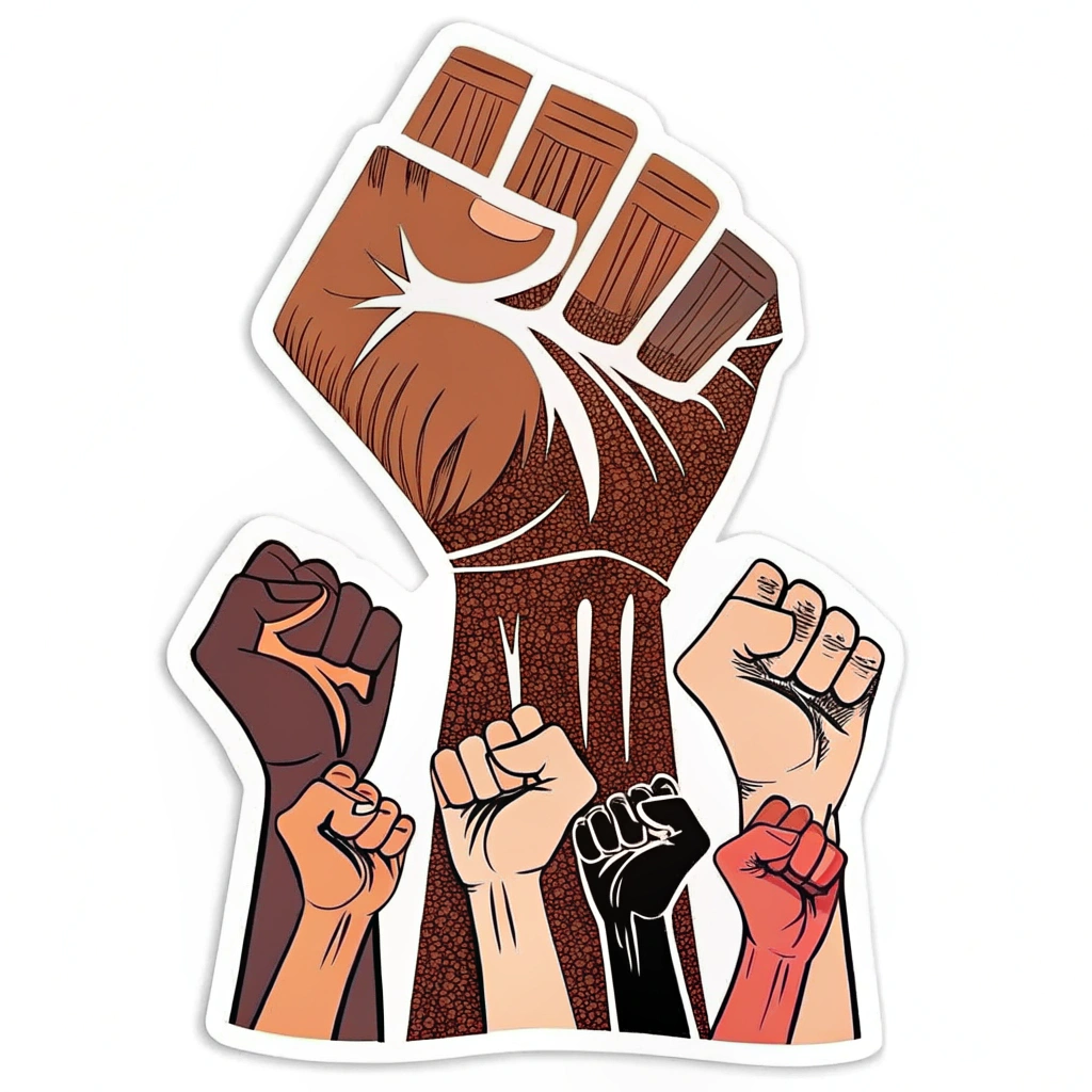 Design 3: A collage effect where multiple diverse hands overlap to form one large raised fist, symbolizing unity.