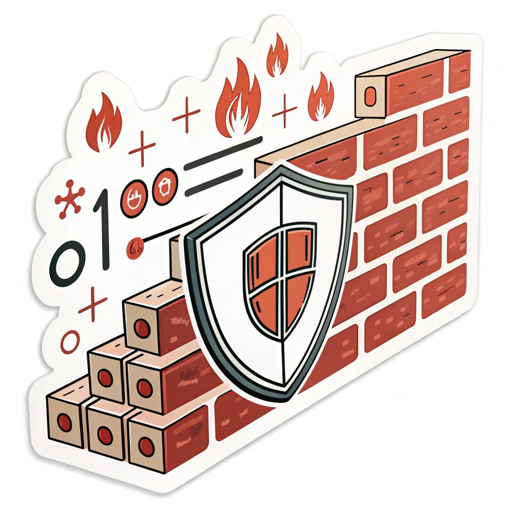 Translated text: Cybersecurity Sticker Designs - Firewall Brick Wall Defense. Design Idea 1: A stylized brick wall where some bricks are represented as glowing binary code (0s and 1s), with a prominent shield emblem at its center symbolizing protection.