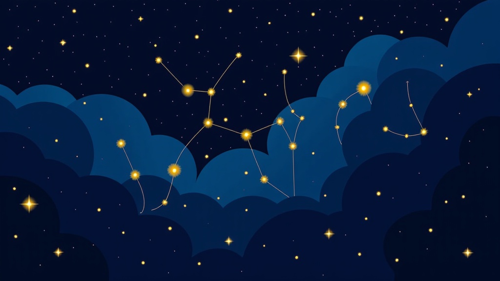 Abstract Syntax Constellations: Create a design where stylized, abstract glyphs inspired by common coding symbols (e.g., brackets, arrows, operators) act as 'stars'. These 'stars' are interconnected by faint, glowing lines or trails, forming intricate networks and constellations against a deep, nebulous background representing the vastness of the cloud.