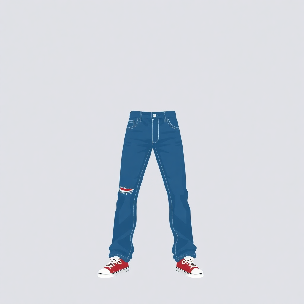  a pair of blue jeans and red sneakers. The jeans are a light blue color and have a slim fit. The front of the jeans has a button and zipper closure, and there are two pockets on the sides. The sneakers are red with white soles. The background is plain white. The image is a flat illustration of a person's legs and feet.